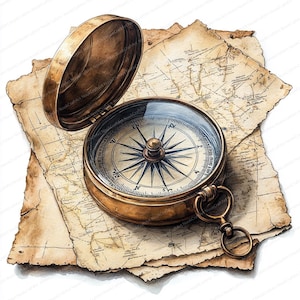 Peut inclure: Une boussole en laiton vintage avec un couvercle ouvert, posée sur des cartes anciennes de couleur beige. Le cadran de la boussole présente un cadran directionnel détaillé avec un motif d'étoile central. Les cartes ont un aspect vieilli.