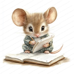 May include: A brown mouse wearing a blue and green plaid shirt sits on an open book, holding a pencil and writing in a small notebook.