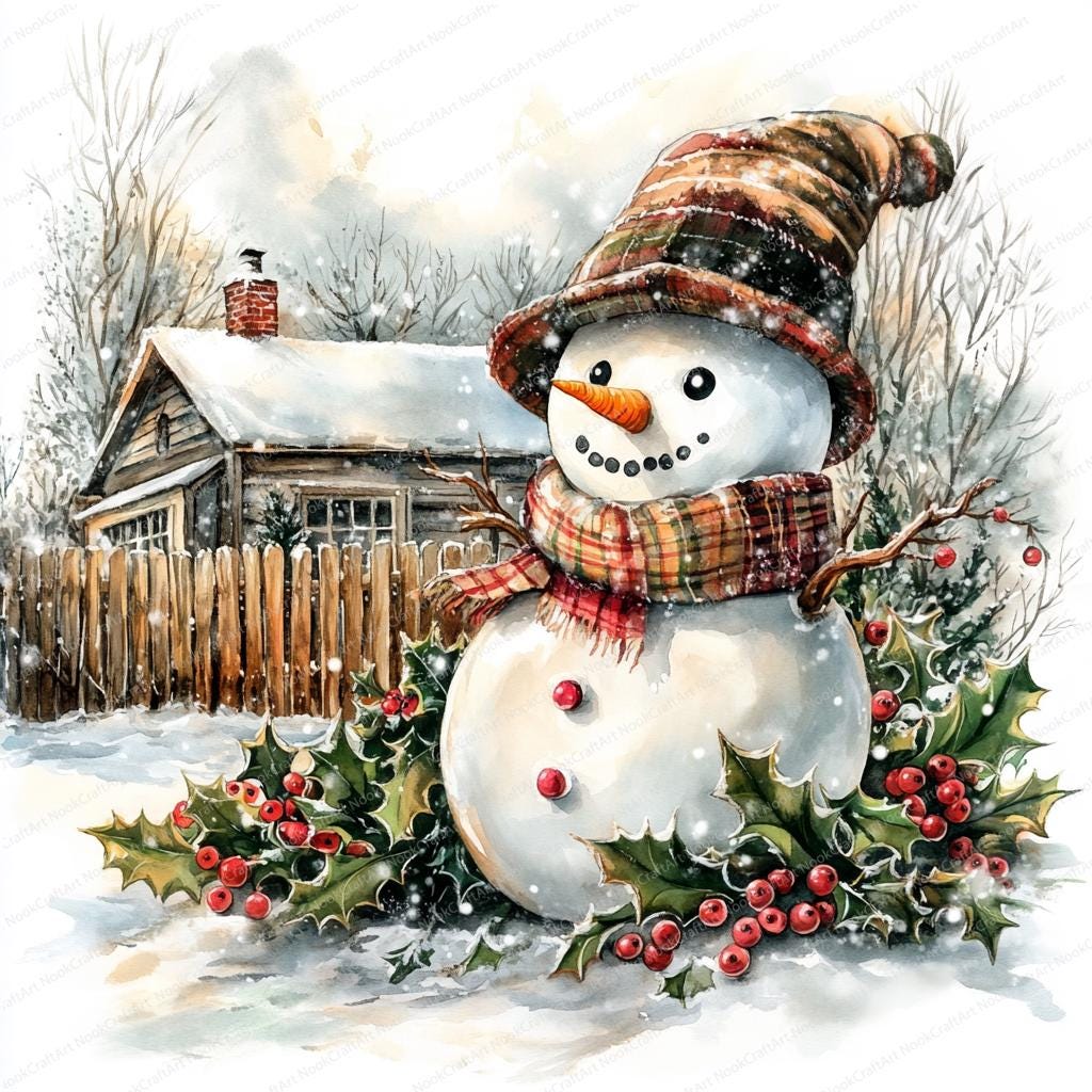 momorin冬の風景 水彩画 雪だるまと小鳥　値段は※900円です 14 クリスマス水彩雪だるまクリップアート | 冬の風景 | 印刷可能な