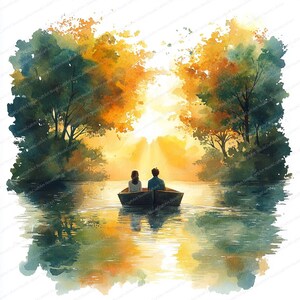 15 romantische clipart voor boottocht over het meer | Stel geniet van rustig water | Afdrukbare aquarel clipart | Hoge kwaliteit JPG's | Junkjournaal