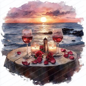 18 Seaside Romantic Dinner Clipart | Valentine's Coastal Evening Design | Wydrukowalne cliparty akwarelowe | Wysokiej jakości pliki JPG | Junk journal