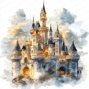 May include: A watercolor painting of a large, white castle with many towers and spires. The castle is set against a cloudy sky with a golden glow. The castle is surrounded by clouds and fog.