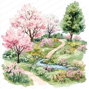 17 Frühling Landschaft Clipart | Frischer Frühling Clipart | Druckbare Aquarell Clipart | Hochwertige JPGs | Digitaler Download | Papierhandwerk