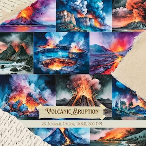 Kit para diario creativo sobre erupciones volcánicas / Láminas de collage de lava vintage / Papel para álbum de recortes imprimible con motivos de fuego / Páginas con efímeros dramáticos de la Tierra