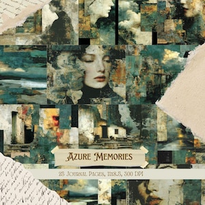 Puede incluir: Un collage de 25 páginas de diario, cada una con un diseño artístico único y una estética vintage. La paleta de colores incluye tonos turquesa, beige y marrón. El texto "Azure Memories" se muestra en una pancarta. Cada página mide 27,9 x 21,6 cm, 300 DPI.