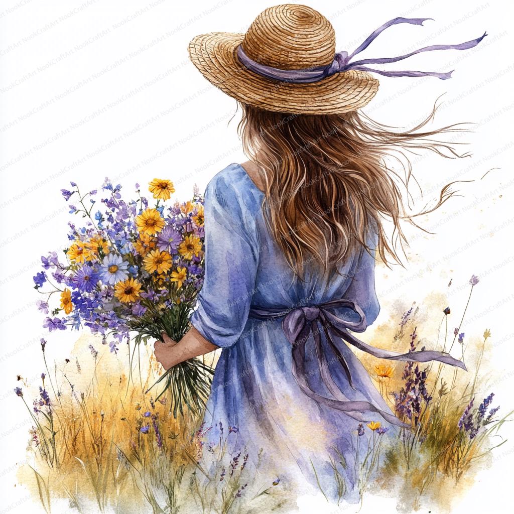 野の花の少女のクリップアート20選 | 麦わら帽子と野の花 | 印刷可能な