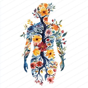Può includere: Illustrazione ad acquerello di una figura umana riempita di fiori e foglie colorate. Il contorno della figura è blu scuro, con l'interno che mostra fiori arancioni, rossi, gialli e blu. L'opera d'arte evoca temi di natura e crescita.