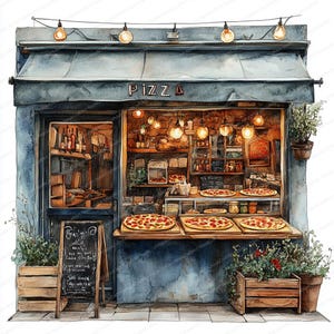 以下が含まれることがあります： 青い日よけと入り口の上に「PIZZA」の文字があるピザ屋さんの水彩イラスト。木製のカウンターには、いくつかのピザが展示されています。黒板メニューが店の前にあり、吊り下げられたライトがインテリアを照らしています。