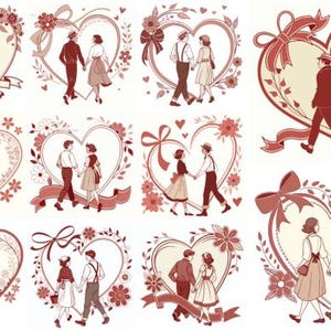以下が含まれることがあります： 手をつないで歩くカップルを描いた、ヴィンテージスタイルのイラストのコレクション。各デザインはハート型に縁取られ、赤い色合いとクリーム色の花柄、リボン、弓で飾られています。
