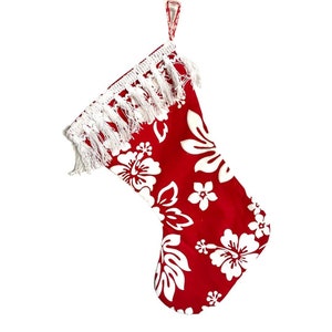Tropical Christmas Stocking, Hawaiian Floral Print Fabric, Red and White Hibiscus Fabric, Beach, Hawaiian Christmas, Luau Christmas Decor