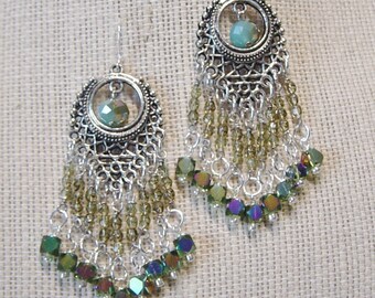 Aqua Green Beaded Silver Chandelier Earrings,Boho, Hippie, Glass Bead Earrings, Green Beads,Aqua Beads, Aqua Bead Earrings, Southwestern