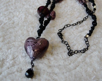 Purple Heart Bead Necklace, Knotted Black Cord Necklace, Lamp Work Glass Beaded Necklace, Purple Necklace, Heart Necklace, Purple Heart