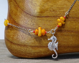 Seahorse Silver Charm Ankle Bracelet, Beaded Silver Chain Anklet, Coral Bead Anklet, Orange Anklet, Body Jewelry, Beach Jewelry, Seahorse