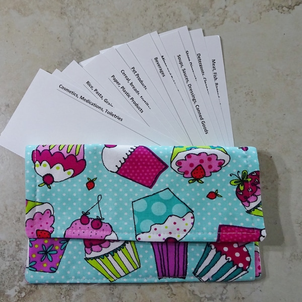 Coupon 0rganizer, Coupon Wallet, Cupcake Fabric, Receipt Organizer, Cardstock Divided Organizer, Gift for Mom, Shoppers Gift, Aqua & Pink