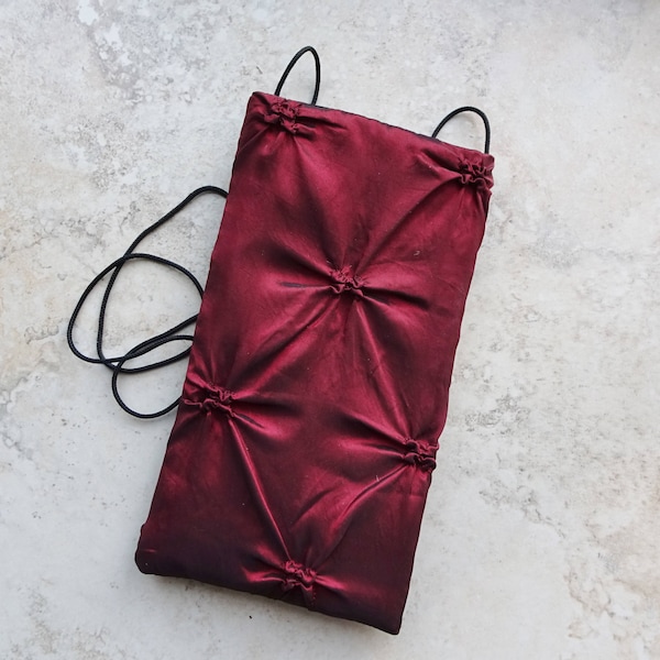 Red Taffeta Evening Strapped Pouch, Cell Phone Purse, Cross Body Purse, Eyeglass Pouch, Burgundy Red Tufted Taffeta Purse, Gift for Her