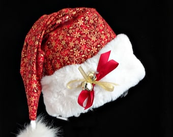 Red Vine Santa Hat with Faux Fur Trim and Jingle Bells, Adult Size