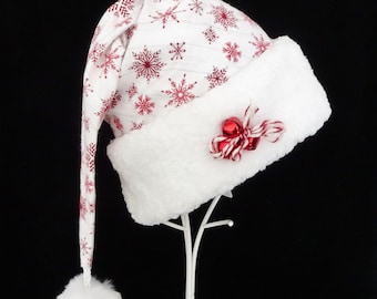 Red Snowflake Santa Hat - Christmas Party Hat - Farmhouse Santa - Adult Santa Hat - Novelty Santa Hat - Christmas Host Gift