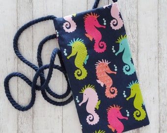 Cell Pouch, Cell Phone Case, Eyeglass Pouch, Boho, Navy Blue Seahorse Fabric Purse, Cross Body Pouch, Pocket Necklace, Nautical, Beach