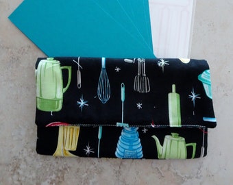 Coupon Organizer, Receipt Organizer, Coupon Wallet, Retro Kitchen Ware Fabric Organizer Wallet, Washable Coupon Case, Recipe Card File