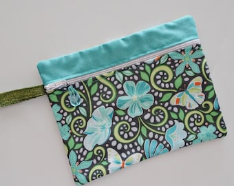 Floral Fabric Zippered Minimal Clutch Purse, Small Clutch, Essentials Purse, Zippered Cloth Pouch, Butterfly