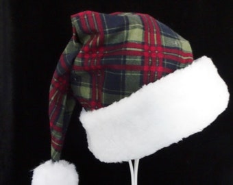 Fishermen's Green Plaid Santa Hat, Rustic Santa Hat, Plaid Christmas Hat, Novelty Santa Costume Hat, Gift for Fisherman, Holiday Fishing Hat