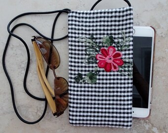 Cell Phone Purse, Eyeglass Bag, Strapped Cell Pouch, Small Purse, Folk, Floral Embroidered Black & White Gingham Fabric Purse, Boho Purse