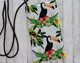 Tropical Toucan & Parrot Fabric Cell Phone Pouch, Minimal Purse, Eyeglasses Purse, Crossbody, Carry Essentials Purse, Vacation Pouch