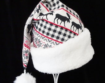 Woodland Santa Hat, Rustic Lodge Print, Sherpa Trim