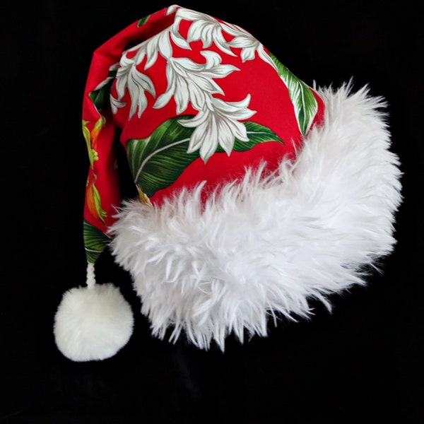 Tropical Red Floral Santa Hat, NEW! Island Christmas Holiday Hat, Novelty Adult Santa Claus Hat, Island Floral, Hawaii Christmas Hat