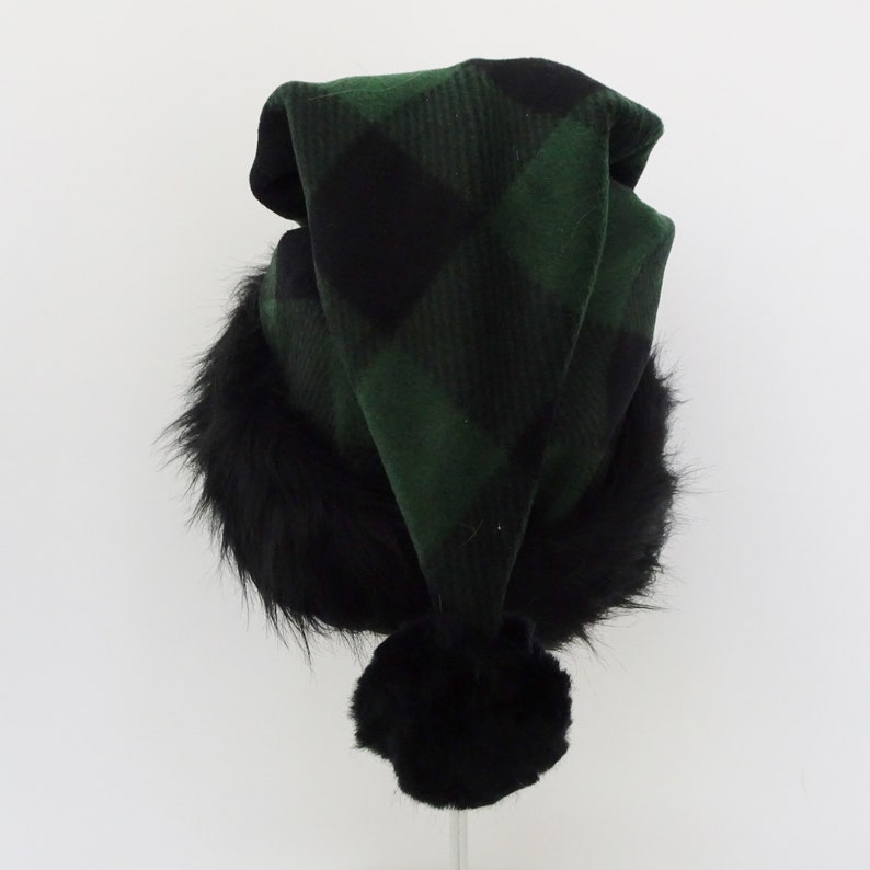 Green Check Fleece Santa Hat Adult or Teen Size Santa hat Rustic Christmas Celebration Hat Black /& Green Buffalo Check Bad Santa Hat
