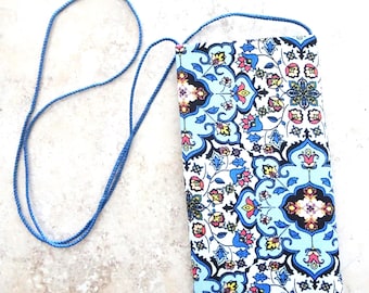 Blue Fabric Cell Phone Purse, Floral Print Cross body Bag