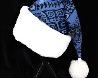 Hawaiian Blue Tribal Print Santa Hat, Tropical Christmas Hat
