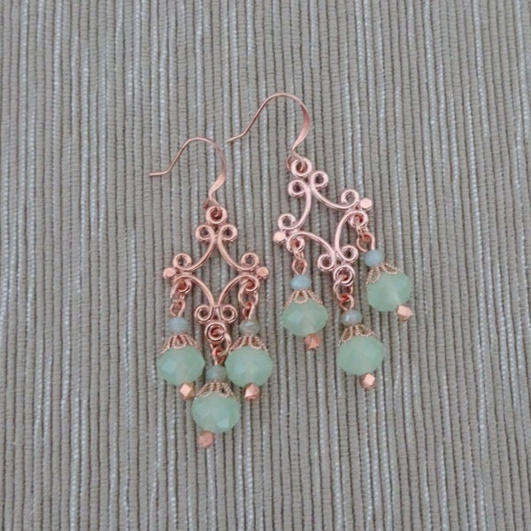 Rose Gold Chandelier Earrings - Green Glass Bead Earrings - Rose Gold Earrings - Dangle Earrings - Crystal Bead Earrings