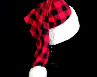 Red Buffalo Check Flannel Santa Hat: Extra-Long, White Faux Fur Brim, Adult Size