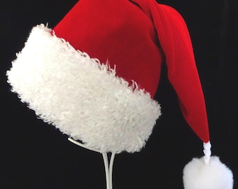 Red Velvet Classic Santa Hat, Adult Size with White Faux Fur Trim