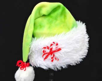 Green Tie Dye Fleece Santa Hat with Jingle Bells, Ribbon Tied Candy Canes