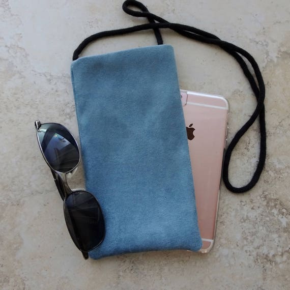 Cell Phone Pouch Eyeglass Pouch Blue Faux Suede Fabric Strapped