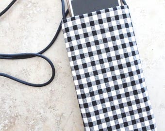 Black Check Cell Phone Purse: Crossbody Fabric Bag