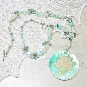 Aqua Bead Shell Pendant Necklace, Aqua Pearl Bead Necklace, Shell Bead Necklace, Beach, Boho, Summer Necklace, Beach Bride