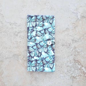 Cartera para tarjetas de crédito - Estuche organizador para tarjetas de presentación - Organizador de archivos para diario - Cartera para tarjetas de tela con mariposas azules - Estilo rústico