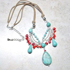 Turquoise and Red Bead Bib Necklace - Red Coral Bead Necklace - Boho - Southwestern - Statement Necklace - Beaded Faux Suede Cord Necklace