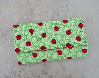 Coupon Organizer, Receipt Organizer, Coupon Wallet, Green & Red Ladybug  Print Fabric Organizer Wallet. Gift for Mom, Fabric Coupon Case