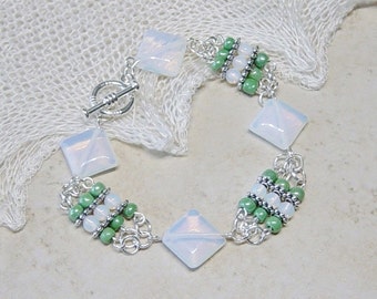 Sea Opal Bead Bracelet, Green Bead Bracelet, Silver Beaded Bracelet,  Boho, Sea Opal Beads, Silver Bracelet, Sea Opal