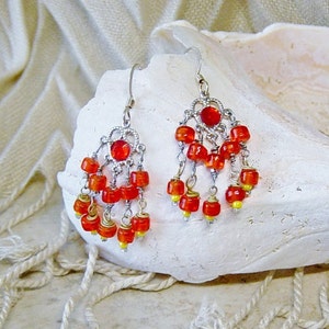 Orange Bead Chandelier Earrings: Silver Filigree, Boho Hippie Style