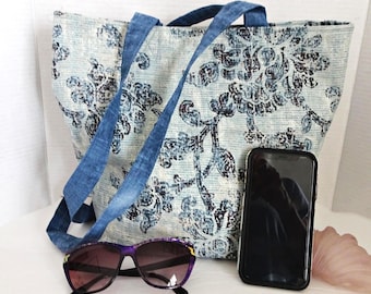 Aqua Blue Striped Canvas Tote Bag: Shoulder Strapped or Hand Carry Purse