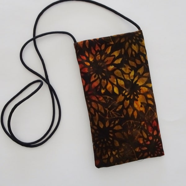 Batik Fabric Cell Phone Pouch, Necklace Purse, Cell Tote, Eyeglass Pouch, Crossbody Cell Phone Carrier