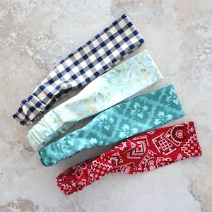 Fabric Hairbands, Choice of 4 Fabrics, Aqua Batik, Red Bandanna, Turquoise Floral Block, Navy Gingham Check, Adult Size Headbands