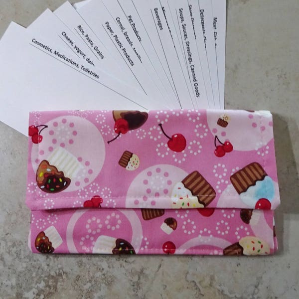 Coupon Organizer, Coupon Wallet, Pink Cupcake Cherry Fabric Wallet, Receipt Wallet, Card Stock Coupon Dividers, Gift for Mom, Shoppers Gift