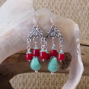 Turquoise Bead Mini Chandelier Earrings - Silver Earrings - Red Coral Bead Earrings - Silver Dangle Earrings - Boho - Red Earrings