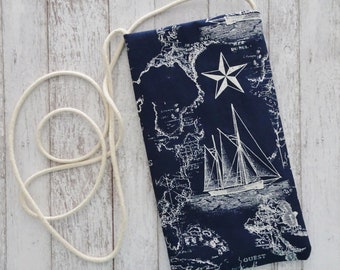 Cell Pouch - Nautical Navy Blue Fabric Purse - Phone Purse - Eyeglass Purse - Boho Satchel - Fabric Necklace Bag - Strapped Pouch